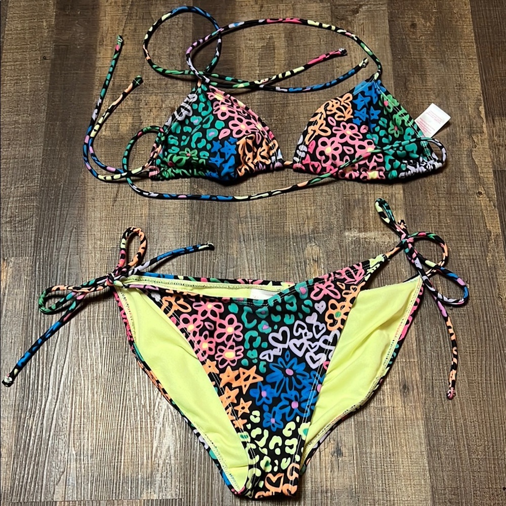 No Boundaries String Side Tie Bikini Bottom Set Multicolor Print Lg Top Md Beach